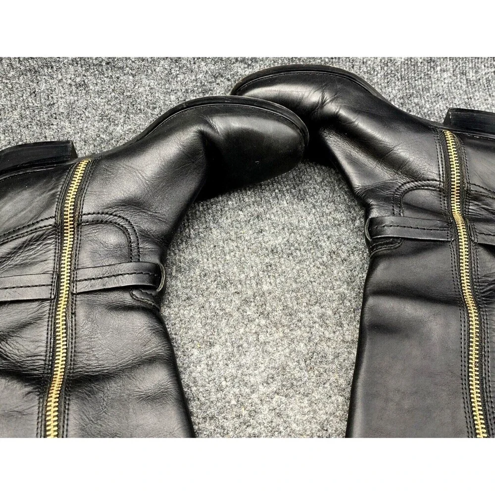 Michael Kors Two-Tone Leather Riding Boots Black Brown Gold MK Logo Size 8.5M